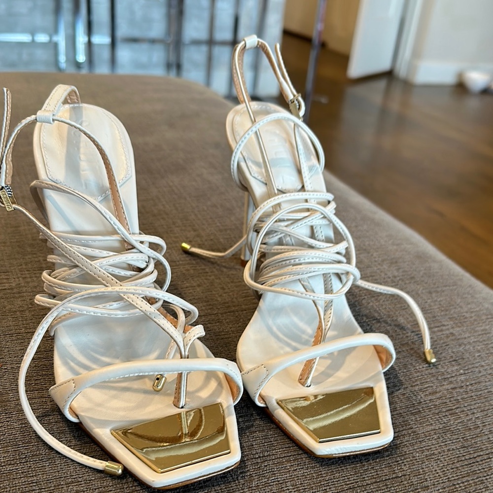Elegant White and Gold Strappy Heels